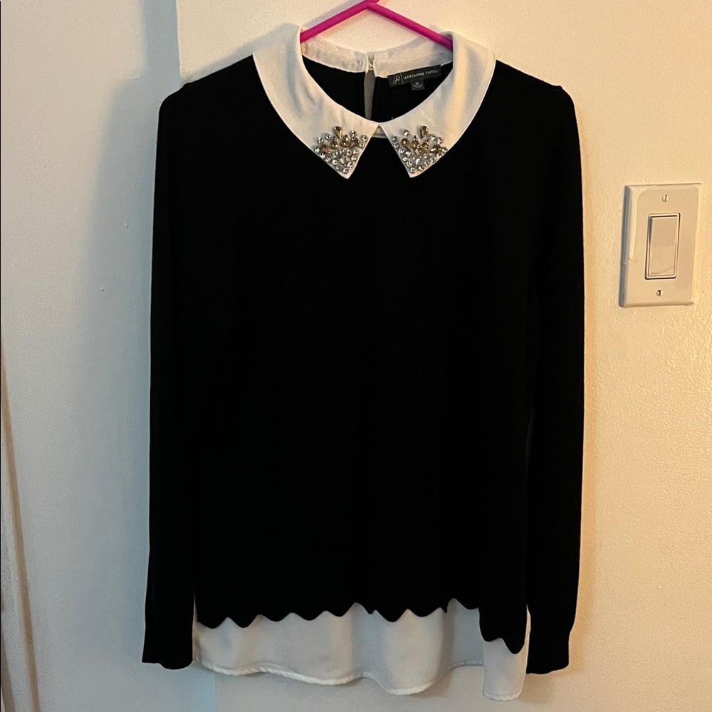 Embellished Collar Black and White Women's Top